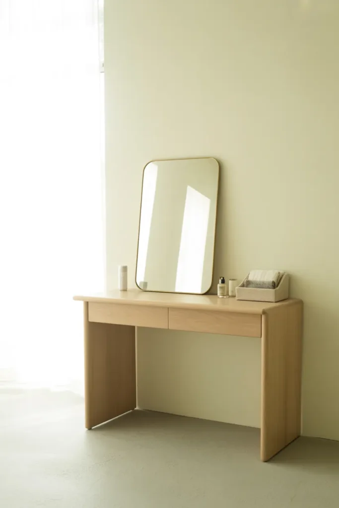 A Minimalist Vanity Desk With a Single Large Mirror for Clean, Uncluttered Styling