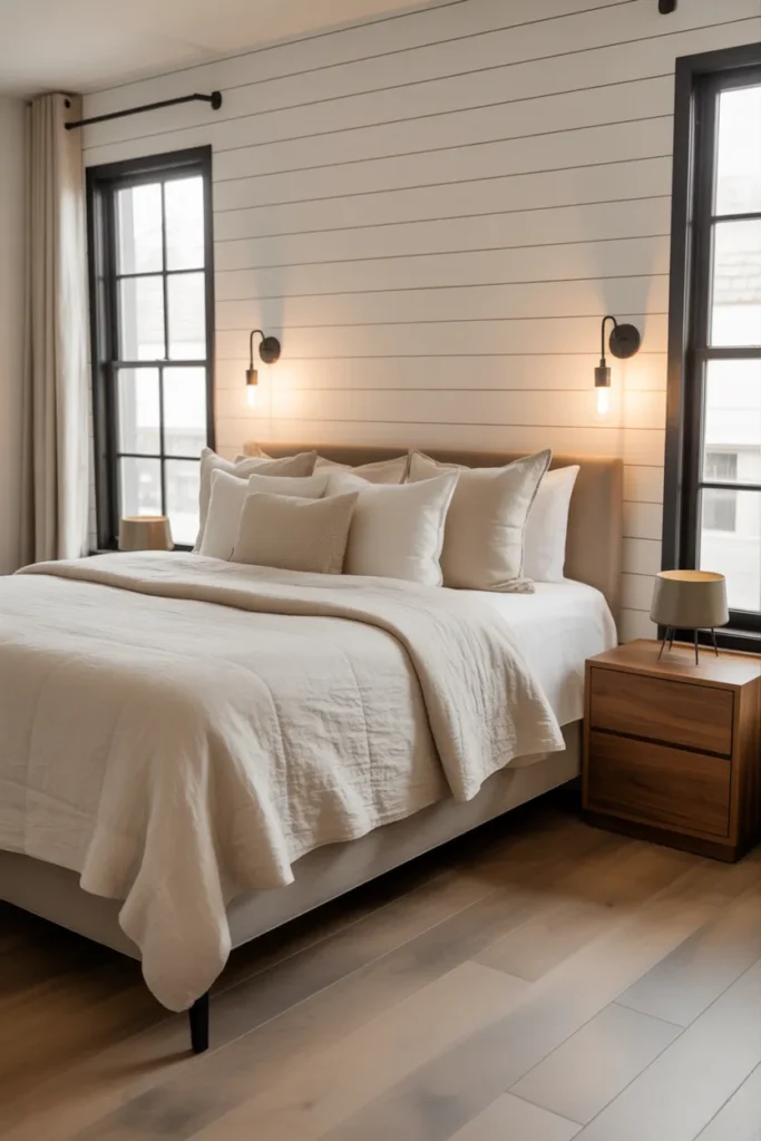 A Modern Farmhouse Bedroom With Black Accents