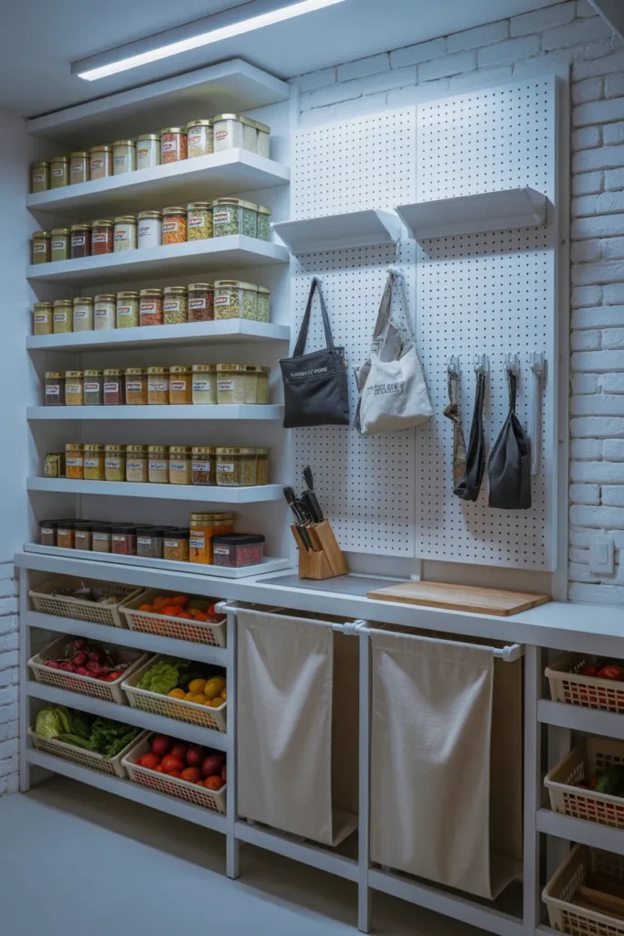 A Pantry Wall With Combination Shelving, Hooks, and Bins That Handles Every Category at Once