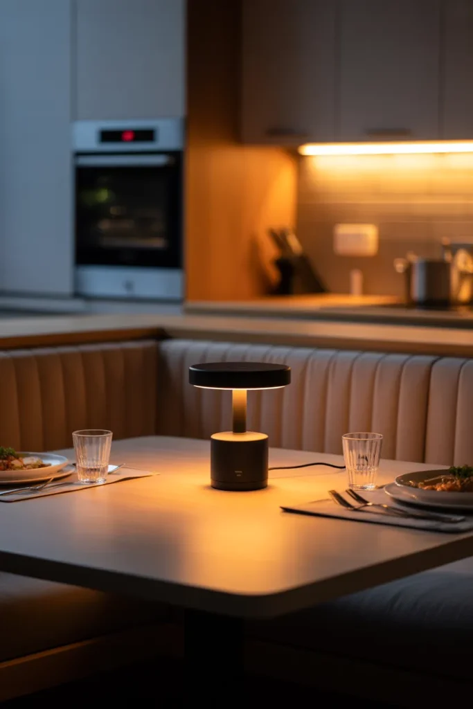 A Portable Rechargeable Table Lamp on the Kitchen Counter