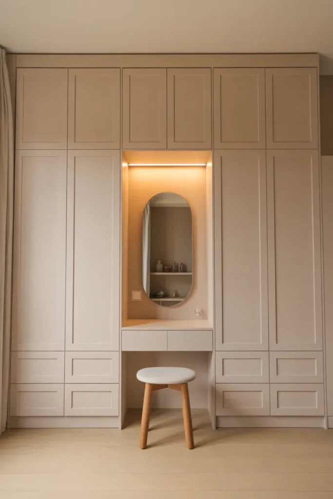 A Vanity Desk Integrated Into the Bedroom Dresser Wall for a Built-In Look