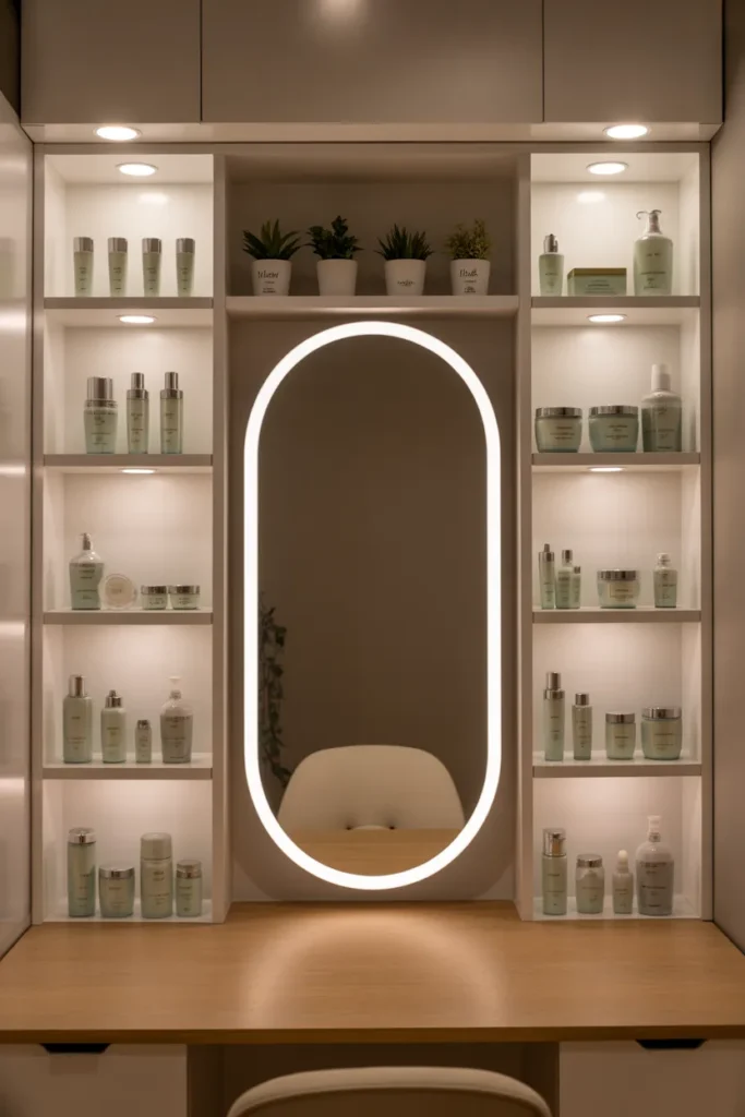 A Vanity Desk With Open Shelving on Both Sides for Display and Product Storage