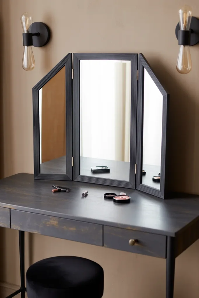 A Vanity Desk With a Trifold Mirror for Maximum Viewing Angles