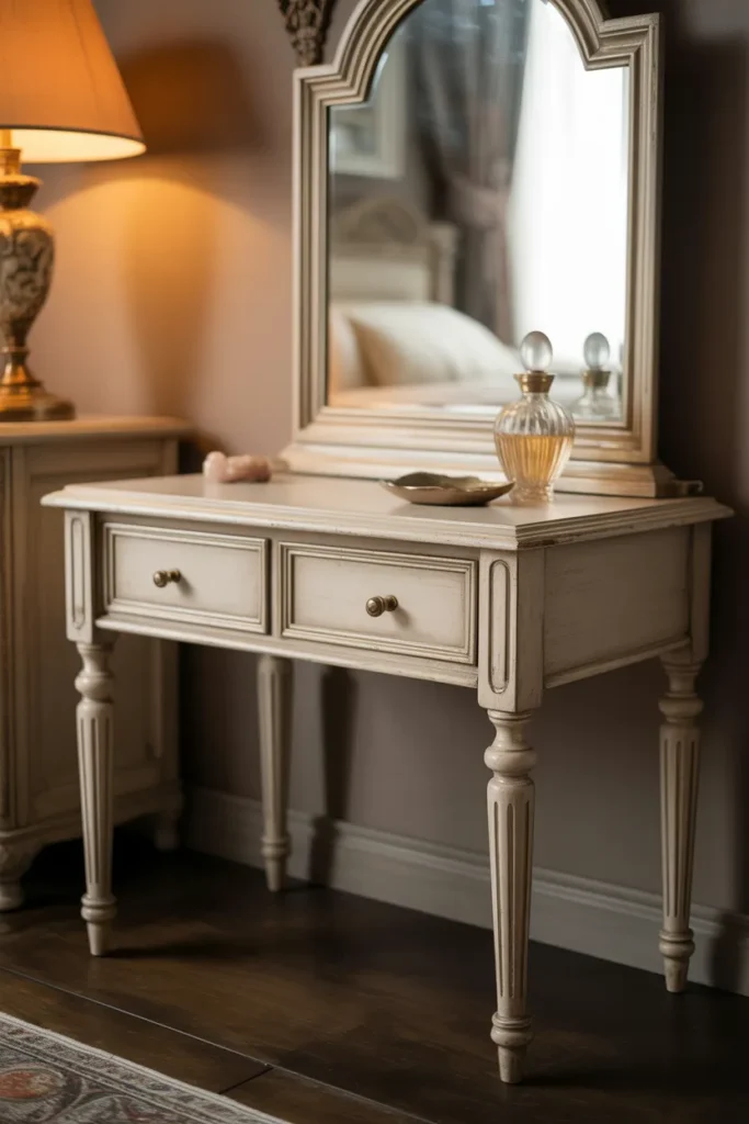 A Vintage-Inspired Vanity Desk With Ornate Mirror and Antique Finish Hardware