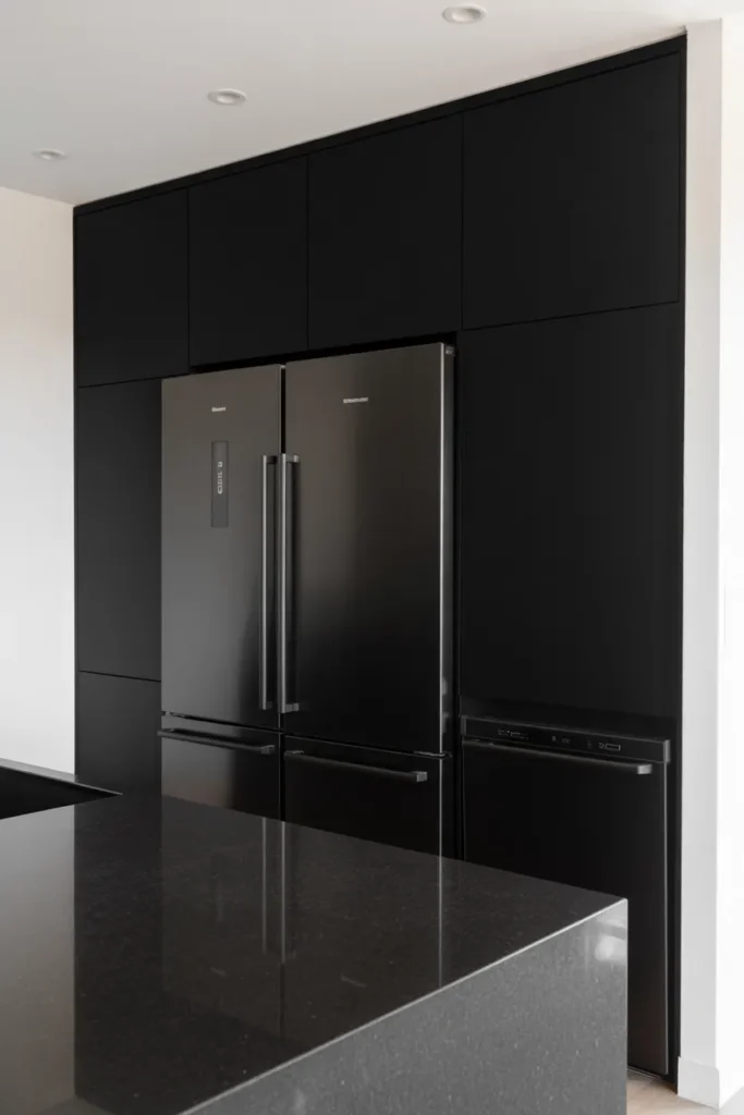 All-Black Kitchen With Integrated Appliances and Invisible Handles