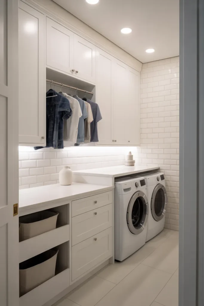 All-White Laundry Room With Integrated Drying Rack System and Hidden Storage for Maximum Cleanliness