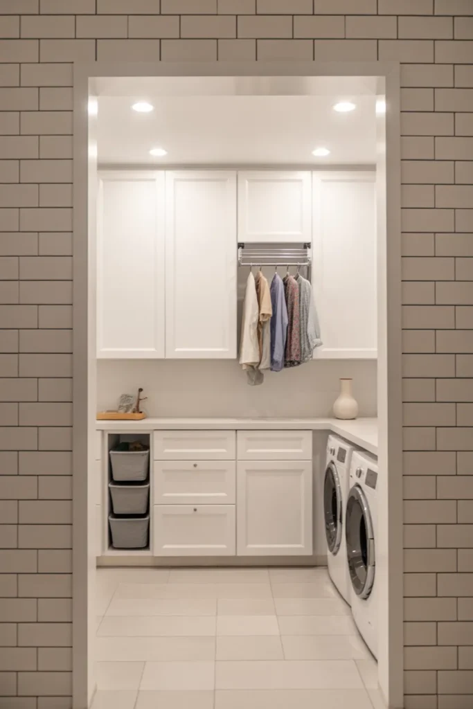 All-White Laundry Room With Integrated Drying Rack System and Hidden Storage for Maximum Cleanliness