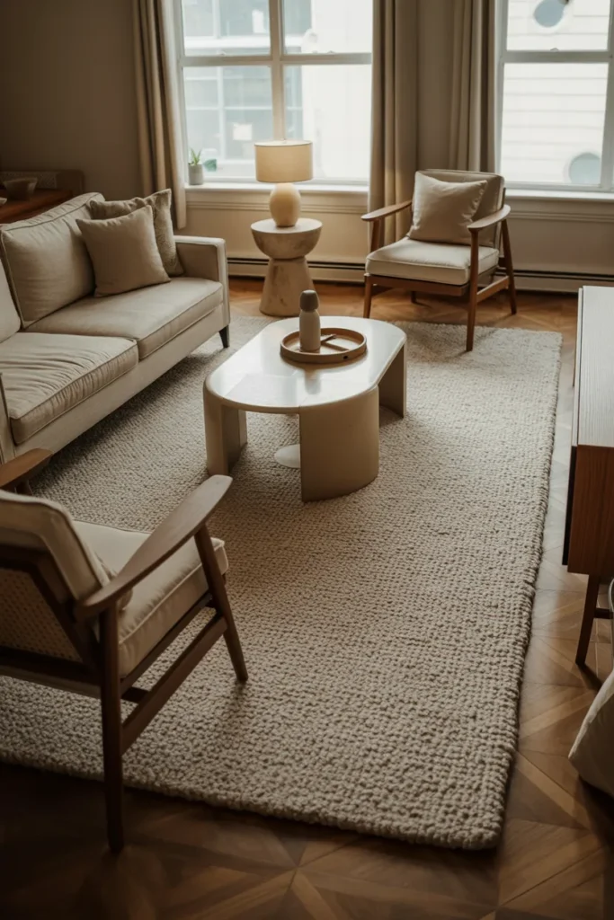 Area Rugs That Define Zones and Cover Ugly Rental Flooring