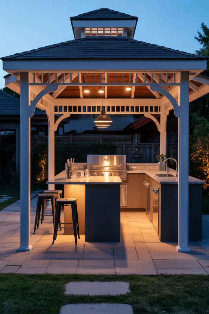 Backyard Gazebo With a Built-In Outdoor Kitchen and Bar Counter