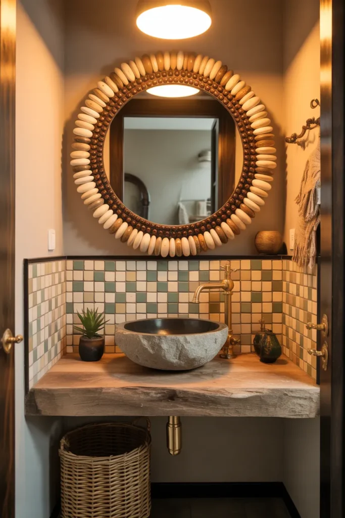 Beaded or Shell-Trimmed Mirror in a Maximalist Boho Bathroom for Full Sensory Impact