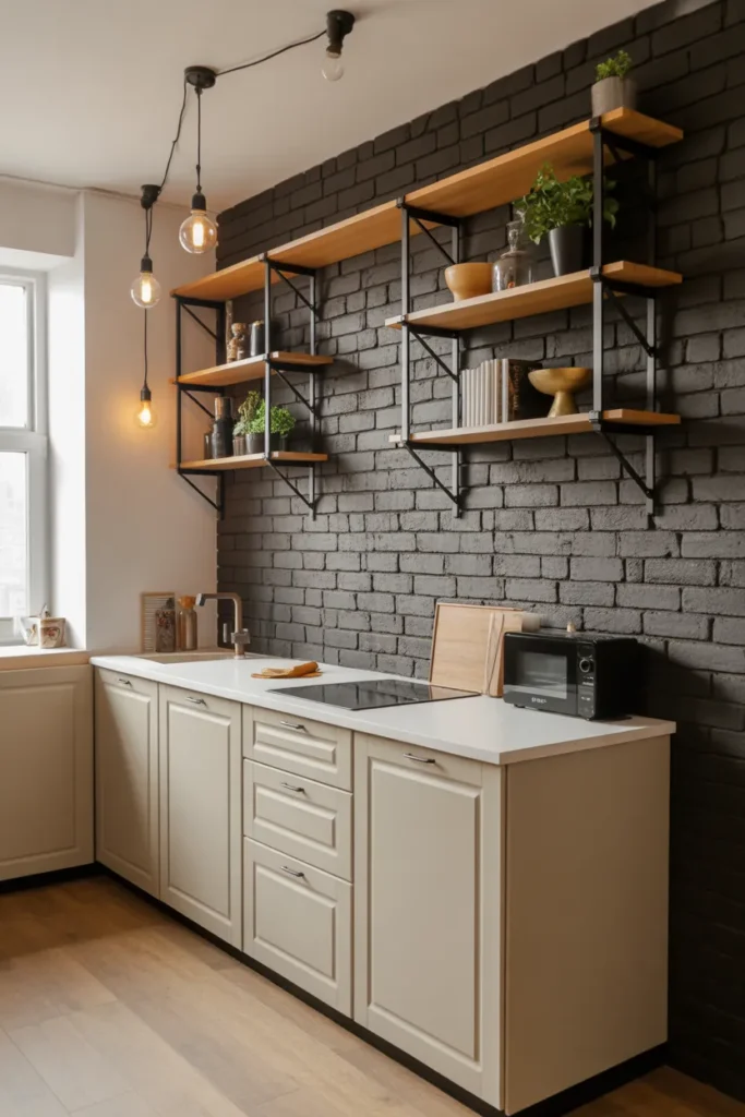 Black Painted Brick Wall Kitchen With Exposed Steel Shelving