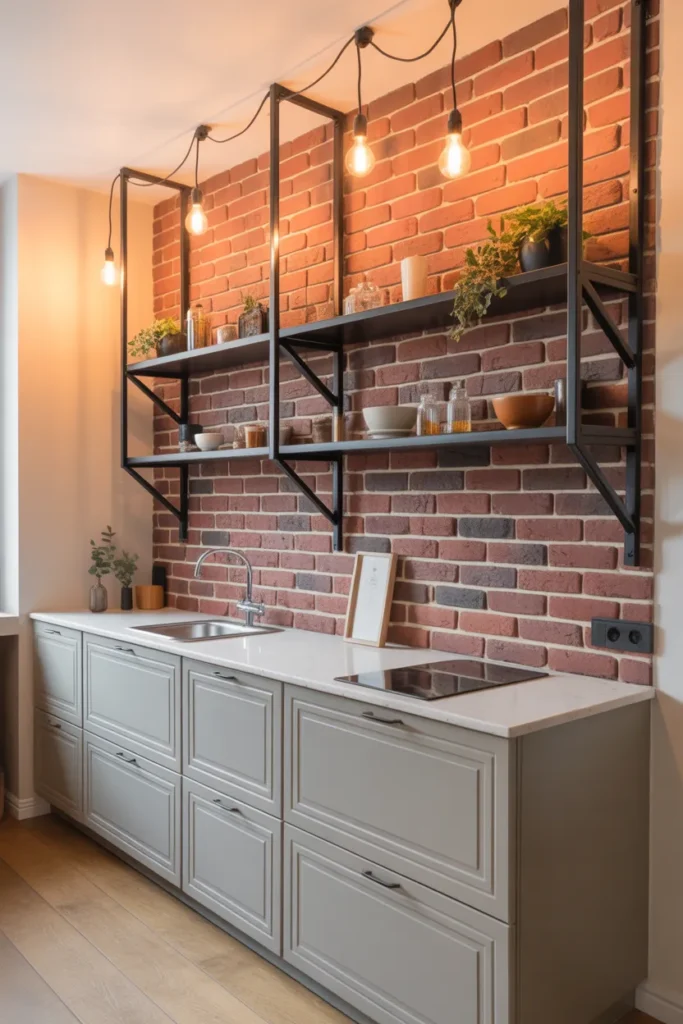 Black Painted Brick Wall Kitchen With Exposed Steel Shelving