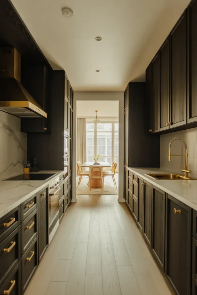 Black Stained Wood Cabinets With Warm Brass Accents in a Two-Wall Layout