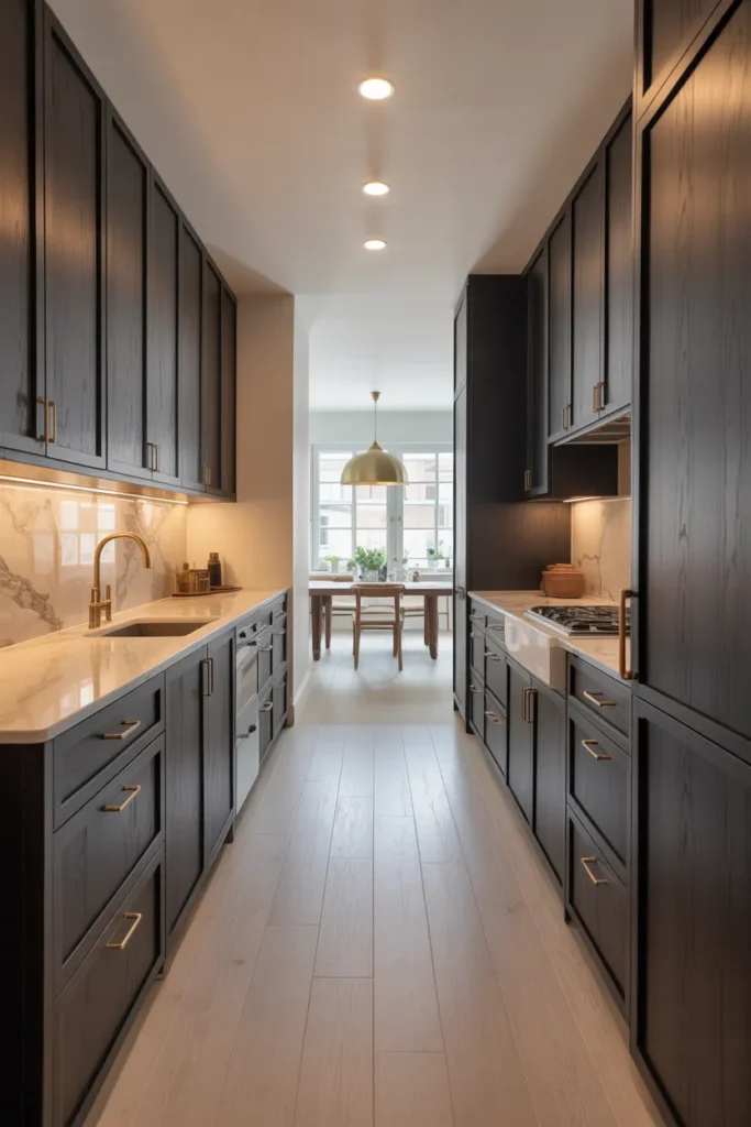 Black Stained Wood Cabinets With Warm Brass Accents in a Two-Wall Layout