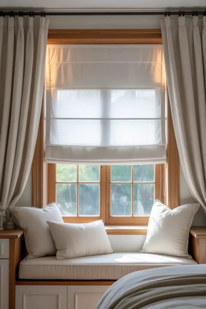 Blackout Roman Shades With Curtain Panels Layered Over