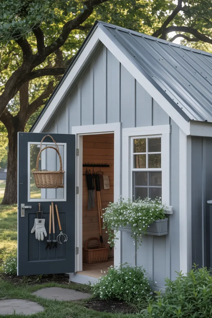 Board-and-Batten White Farmhouse Shed With a Dutch Door