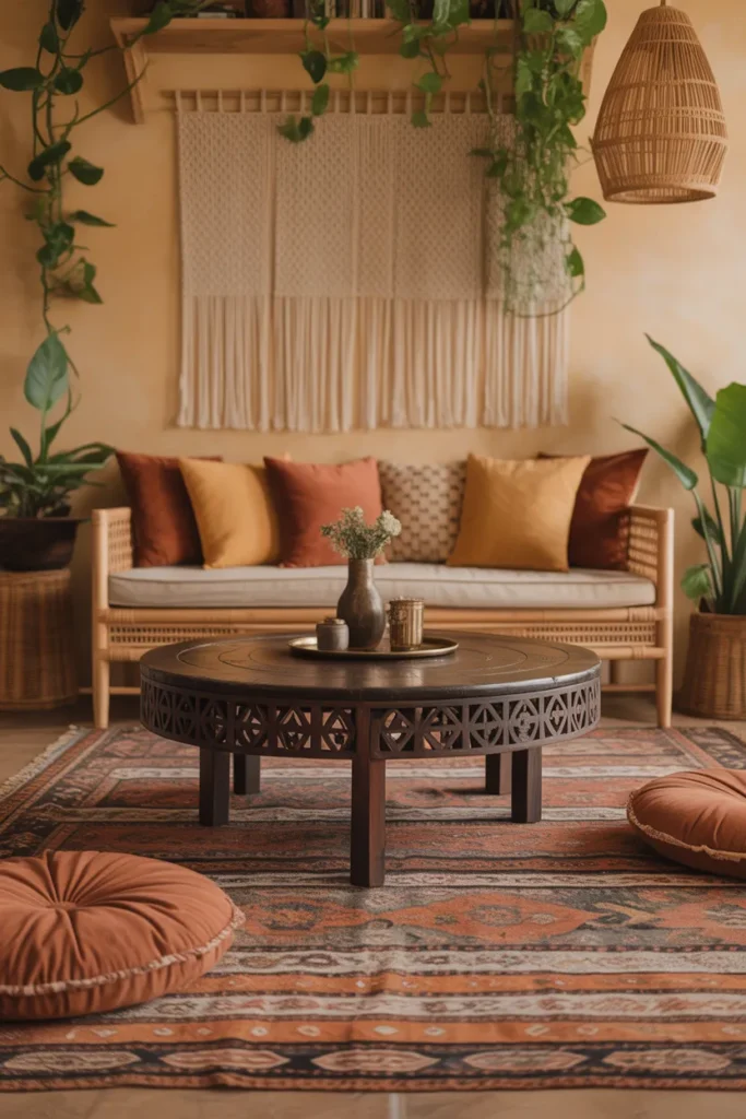 Boho Living Room Layout with a Carved Wood Round Coffee Table