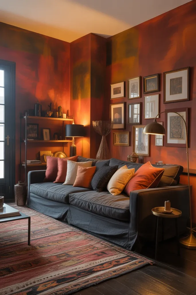 Bold Rust and Warm Black Living Room Color for a High-Contrast Maximalist Statement