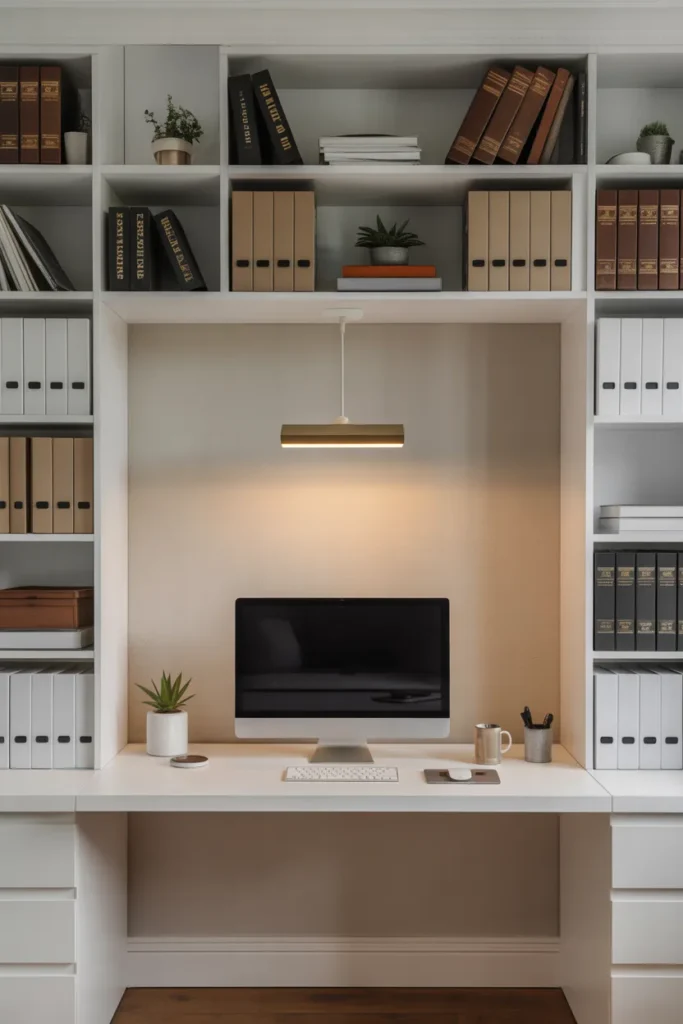 Built-In Floating Desk With Floor-to-Ceiling Shelving