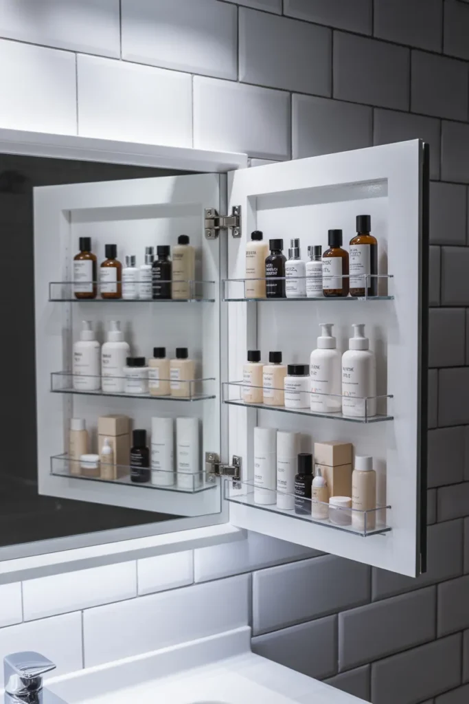 Built-In Shelving Inside a Recessed Medicine Cabinet