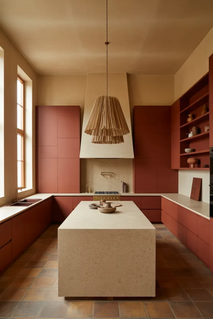 Burnt Sienna Brown Kitchen Cabinets in a Bold Maximalist Open-Plan Layout