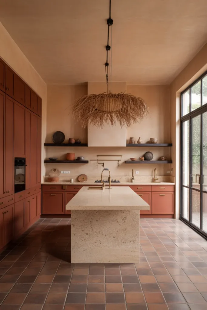 Burnt Sienna Brown Kitchen Cabinets in a Bold Maximalist Open-Plan Layout