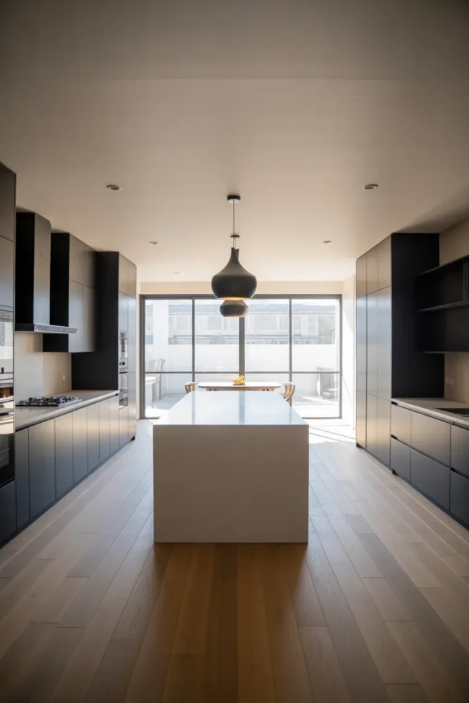 Charcoal Gray Kitchen With a Waterfall Island in an Open-Plan Layout
