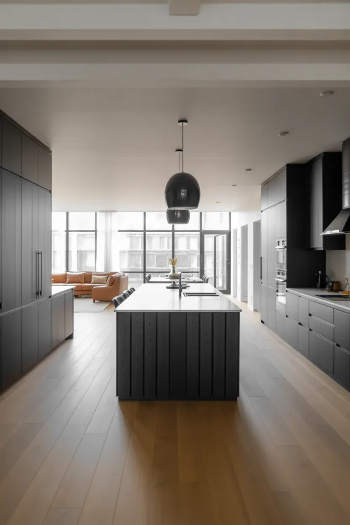 Charcoal Gray Kitchen With a Waterfall Island in an Open-Plan Layout