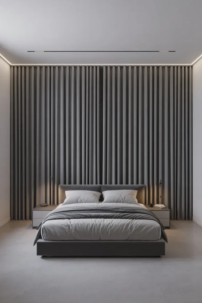 Charcoal Gray Thermal Curtains in a Minimalist Bedroom for Year-Round Energy Efficiency