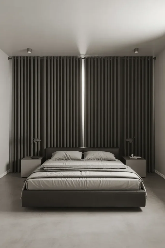 Charcoal Gray Thermal Curtains in a Minimalist Bedroom for Year-Round Energy Efficiency