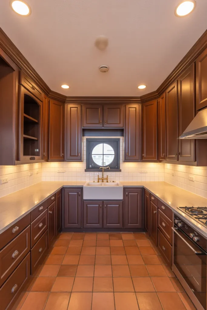Chocolate Brown Shaker Cabinets in a U-Shape Kitchen With Brass Hardware