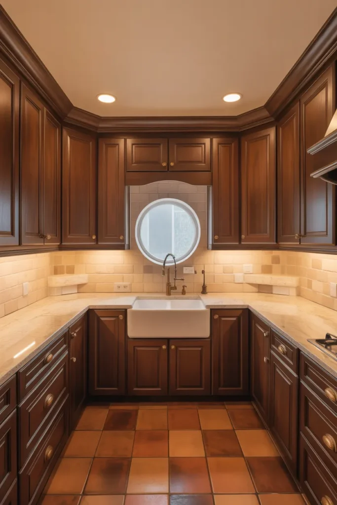 Chocolate Brown Shaker Cabinets in a U-Shape Kitchen With Brass Hardware