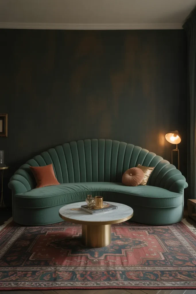 Choose a Curved Velvet Sofa in a Deep Color as the Maximalist Room's Anchor Piece