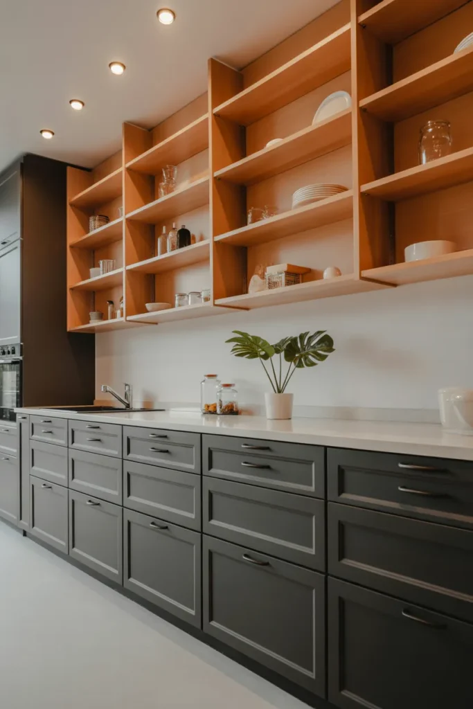 Closed Base Cabinets with Full Open Upper Shelving