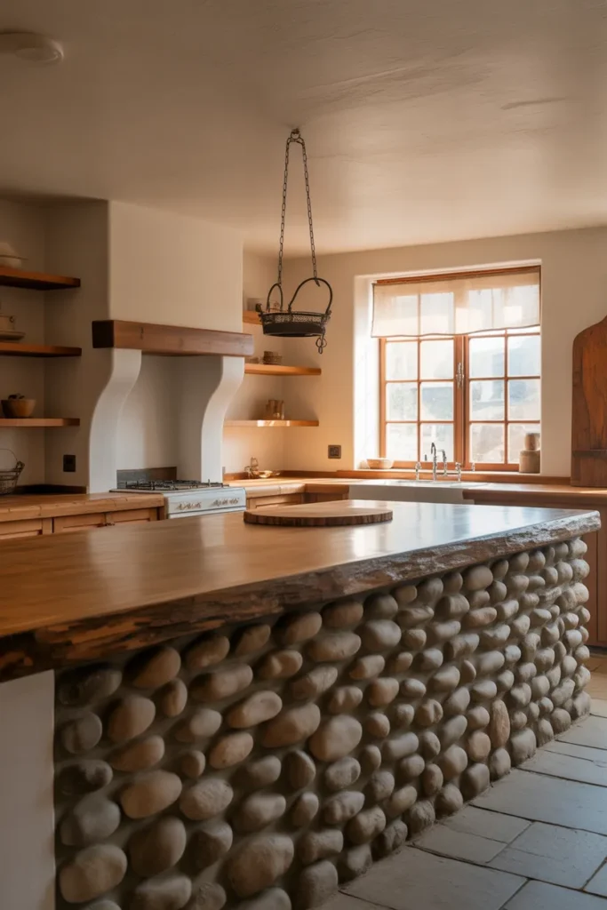 Cobblestone or River Rock Lower Wall Detail in a Rustic Country Kitchen