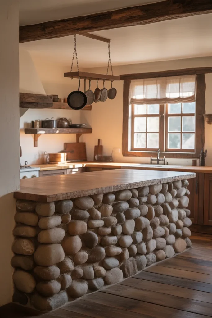 Cobblestone or River Rock Lower Wall Detail in a Rustic Country Kitchen