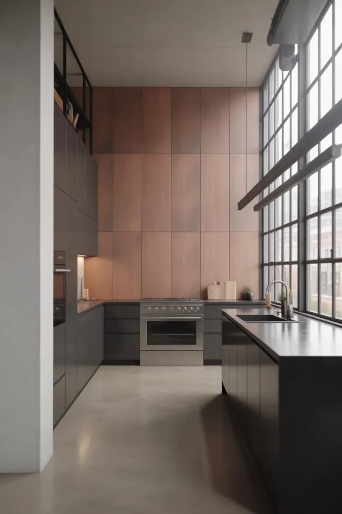 Concrete-Look Microcement Wall in a Minimalist Kitchen for an Urban Loft Aesthetic