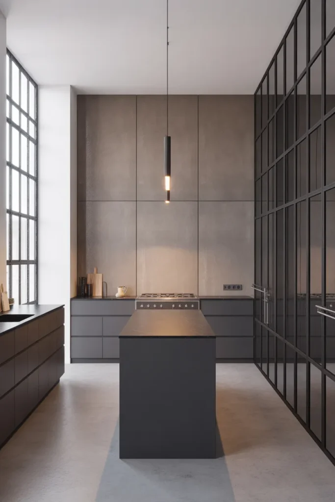 Concrete-Look Microcement Wall in a Minimalist Kitchen for an Urban Loft Aesthetic