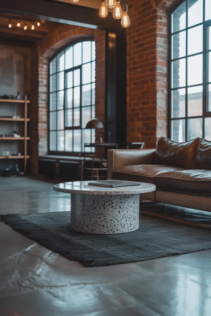 Concrete or Terrazzo Round Coffee Table in an Industrial or Loft-Style Space