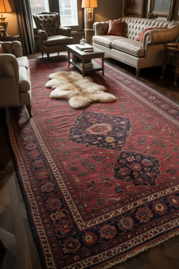 Cover the Floor with an Oversized Hand-Knotted Rug That Extends Under All Furniture
