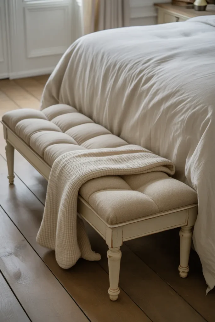 Cream Painted Wooden Bench at the Foot of the Bed