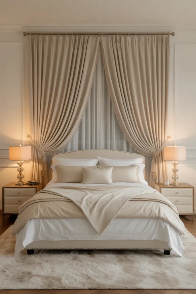 Cream Silk-Look Curtains in a Formal Master Bedroom for an Elevated, Hotel-Inspired Finish