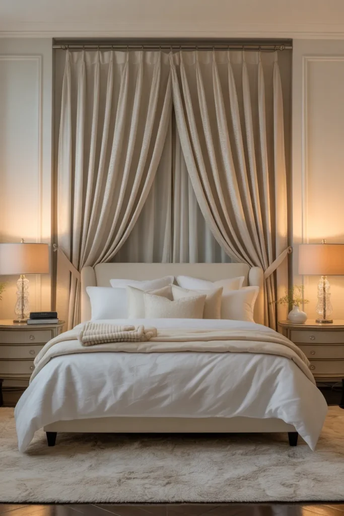 Cream Silk-Look Curtains in a Formal Master Bedroom for an Elevated, Hotel-Inspired Finish