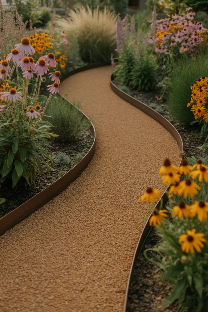 Curved Gravel Path With Steel Edging Through a Native Plant Garden