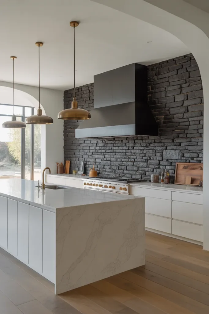 Dark Basalt Stone Wall With Integrated Range Hood in a Luxury Island Kitchen