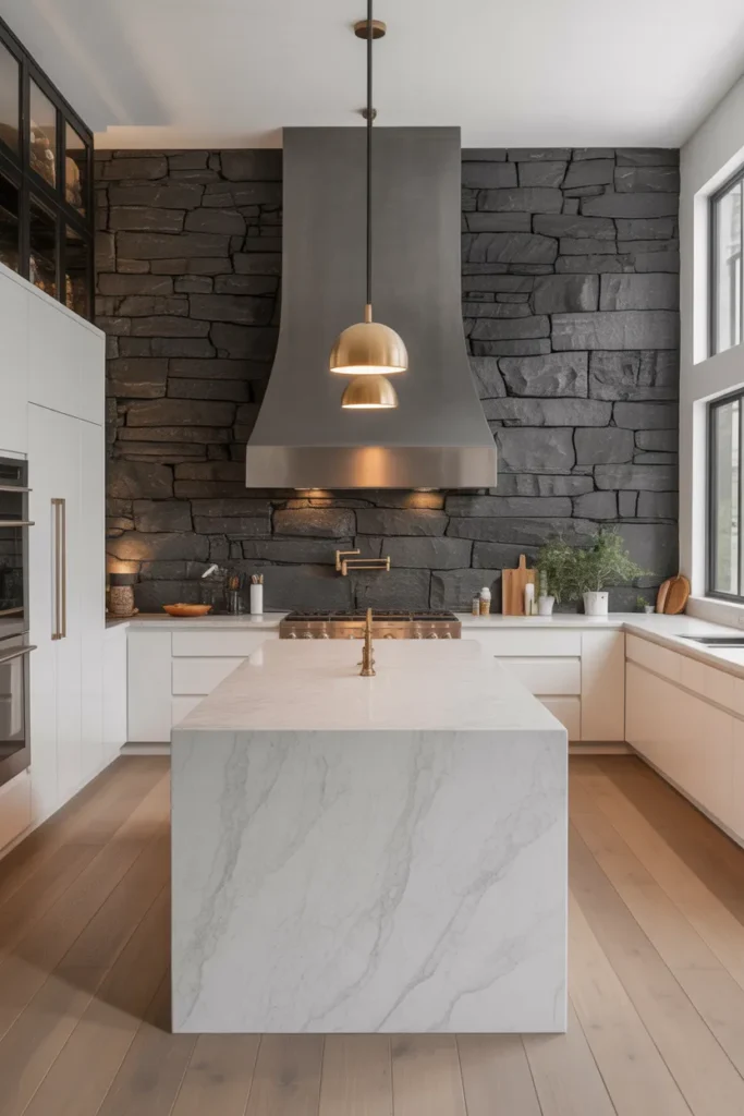 Dark Basalt Stone Wall With Integrated Range Hood in a Luxury Island Kitchen