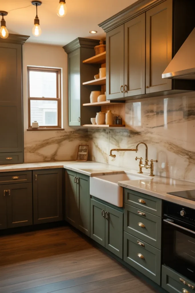 Dark Brown and Sage Green Two-Tone Kitchen in a Cozy Cottage Layout