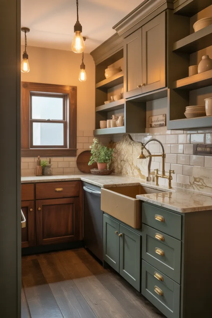 Dark Brown and Sage Green Two-Tone Kitchen in a Cozy Cottage Layout