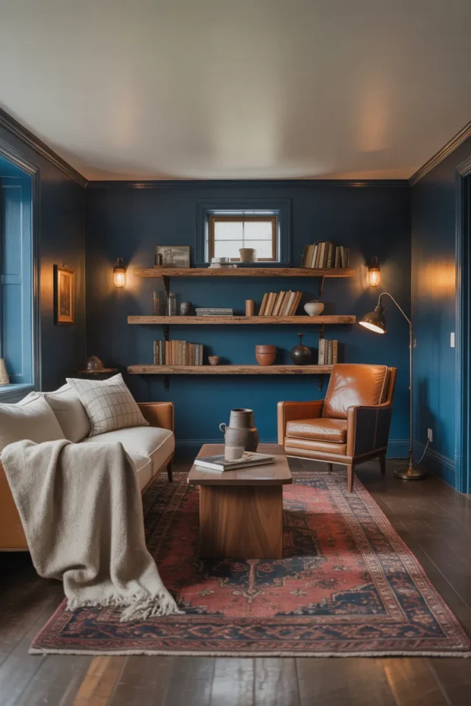 Dark Moody Farmhouse Living Room With Navy Walls and Warm Wood Accents