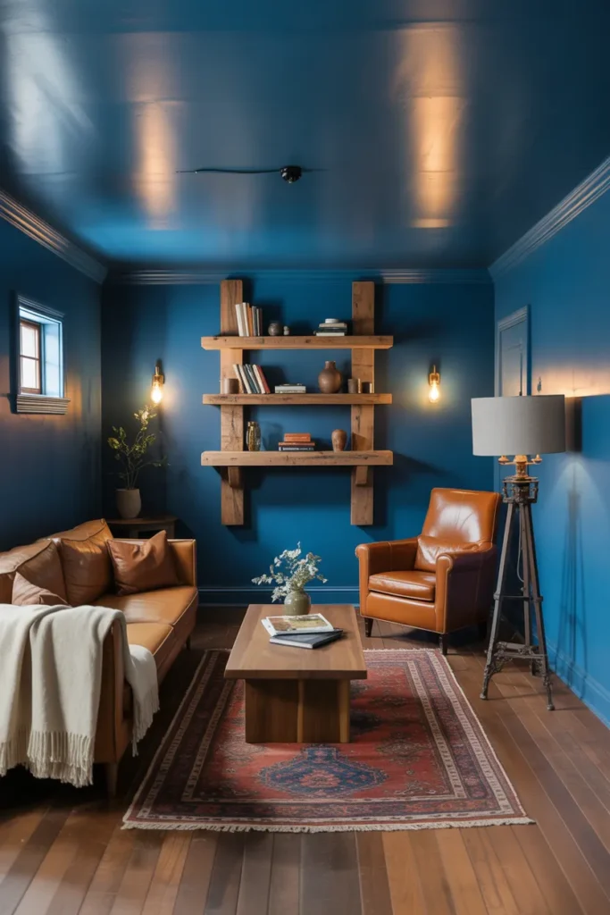 Dark Moody Farmhouse Living Room With Navy Walls and Warm Wood Accents